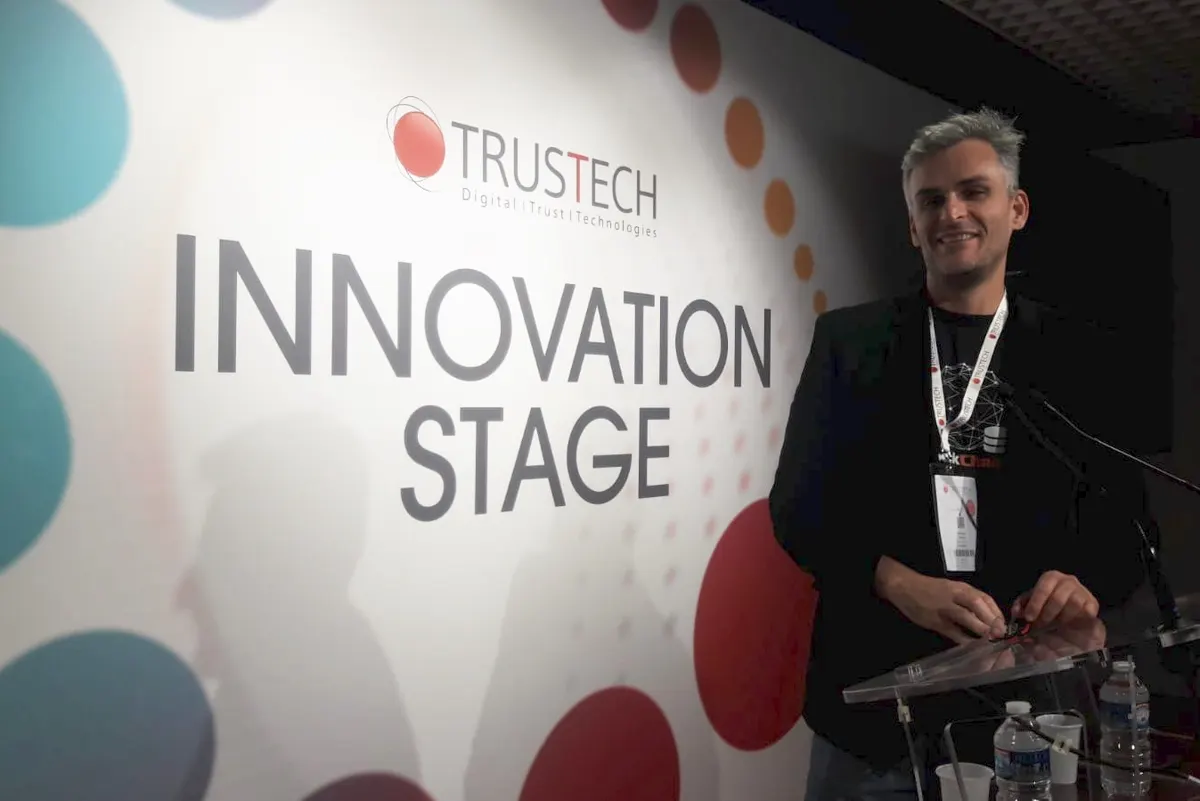 Domingos Ribeiro presenting on the Innovation Stage at Trustech