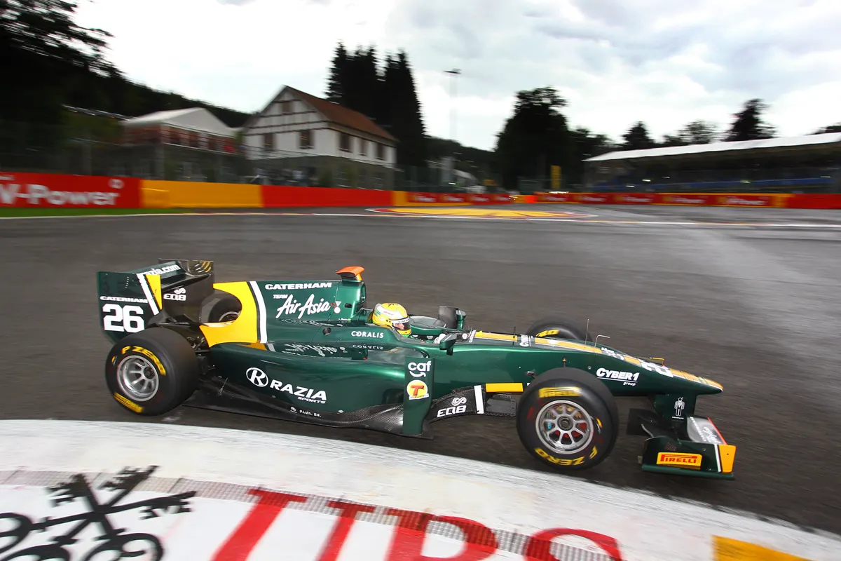 Green GP2 car cornering