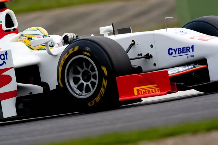 Detail of a GP2 car with the Cyber1 group logo