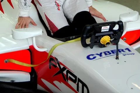GP2 car cockpit with the Cyber1 group logo